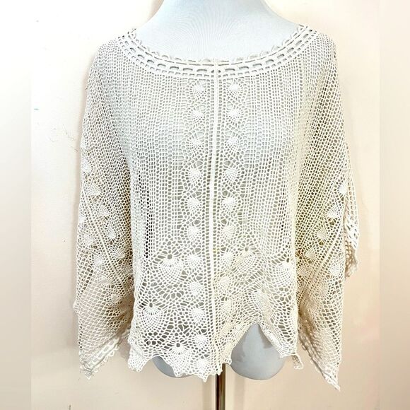 Anthropologie Sparrow Cream Summer Scalloped Crochet Poncho Top XS - Picture 2 of 10